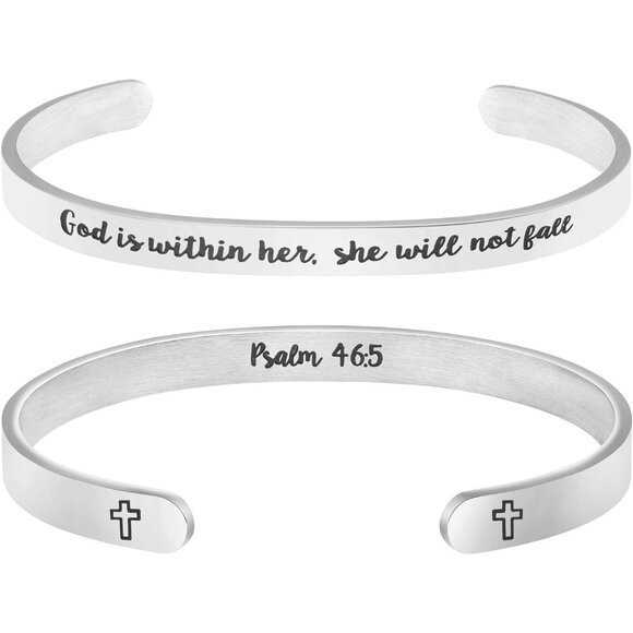 Elegant Stainless Steel Cuff Bracelet for Women - God is Within Her Psalm 46:5 - Picture 1 of 7